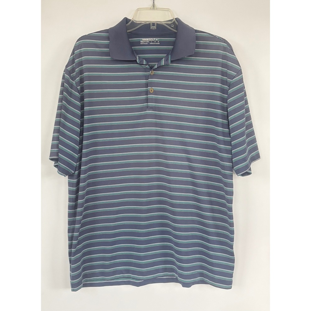 Nike‎ Golf Mens Fit Dry Polo Shirt L Blue Teal Striped Short Sleeve Performance